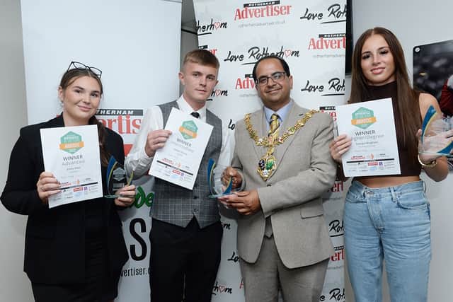 Rotherham Apprentice of the Year Award winners are pictured with judges and the Mayor of Rotherham Cllr Tajamal Khan. From left to right are: Advanced winner Emily Allen of AESSEAL, Joseph Harvey of Equans and Georgia Bingham of Ex-Animo Foods.
