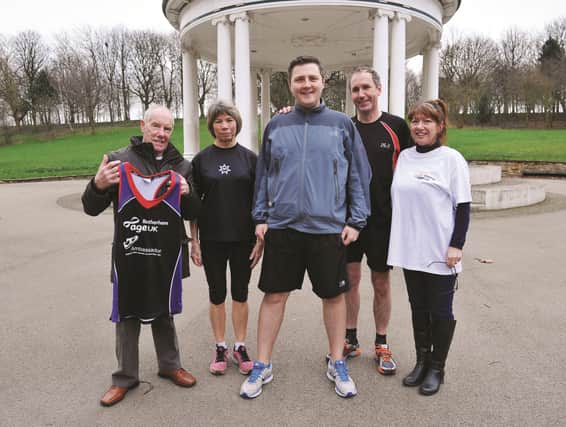 Age UK Love Later Life run to be staged at Clifton Park in May, (from left to right), Ray Matthews, Wendy Whitaker, Rotherham Harriers, Sam Cooper and Andrew Mosley, Rotherham, Advertiser and Julie Benson, fundraising co-ordinator for Age UK Rotherham. 170397-1