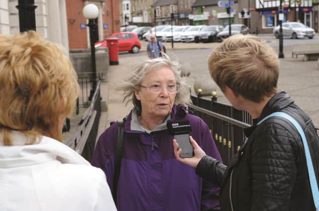 Mary Beck outside the Town Hall prior to the scrutiny meeting