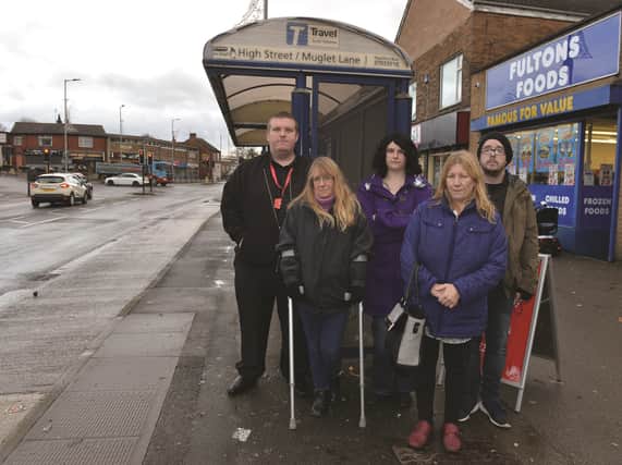 Cllr Richard Price (left) with upset residents at the High Street and Muglet Lane bus stop. From L-R are: Gwen Reveley, Helena Christie, Dianne Caster and Carl Crossland.