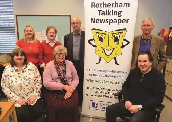 Members of the Rotherham Talking Newspaper team. From left to right are, back row: secretary Angela Foster, volunteer Doreen Atkinson, co-ordiantor Roy Beechill, treasurer John Dowd; front row: vice chairman Lisa Astle, chairman Jean Dowd and volunteer Stuart Butcher. 180102-11