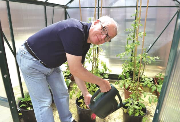 Service user Bryan Adams tends to the plants in the greenhouse