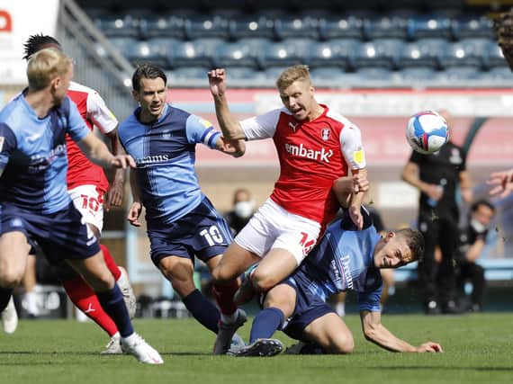 Jamie Lindsay in the thick of the action for Rotherham at Wycombe. Picture: Jim Brailsford