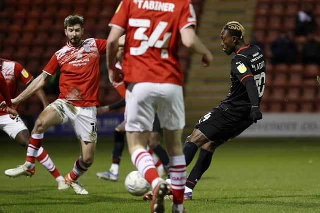 Freddie Ladapo in action for the Millers on Tuesday at Crewe Alexandra. Picture by Jim Brailsford