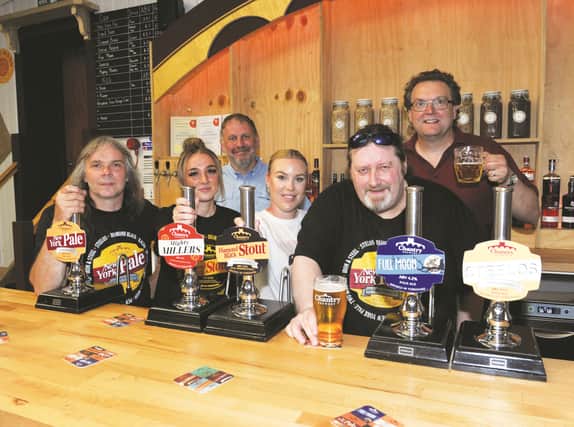 Chantry Brewery in house bar opening. Cllr David Sheppard dropped in for the opening and is pictured with staff (from left to right), Steve Ellis, Neve Andrews, Adelle Warburton, Mick Hill and Mick Warburton. 220535-8