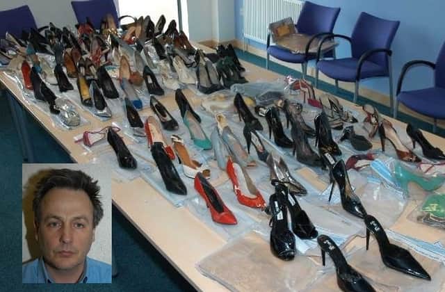 Some of the shoes Lloyd took as trophies and (inset) Lloyd's police mugshot.
