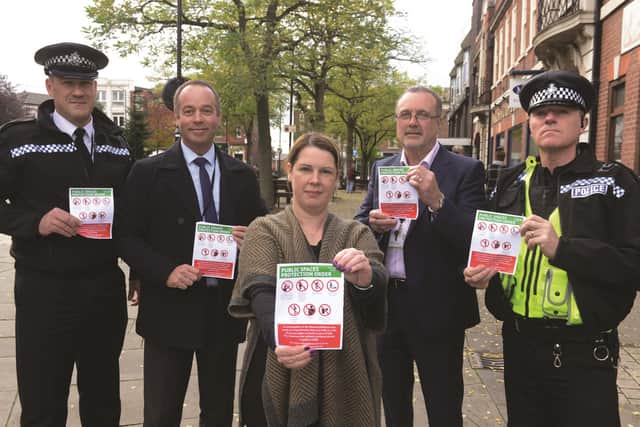 Launching the Public Spaces Protection Order in Rotherham town centre were, from left to right: chief inspector Paul Ferguson, community safety and anti social behaviour officer Al Heppenstall, cabinet member for waste, roads, and community safety Cllr Emma Hoddinott, crime and anti social behaviour manager Steve Parry and inspector Dave Struggles. 171799-1
