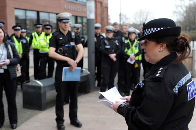 Chief Inspector Rebecca Chapman briefing officers this morning outside Riverside House