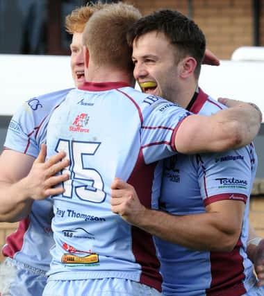 Celebrations after Henry Roberts' try against Plymouth. Pictures: DAVE POUCHER