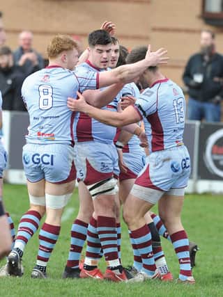 Titans celebrate Jamie Cooke's opening try in the defeat to Ampthill on Saturday. Pictures by STEVE METTAM