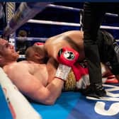 An injured David Price protests during the flashpoint of Saturday's fight with Kash Ali.