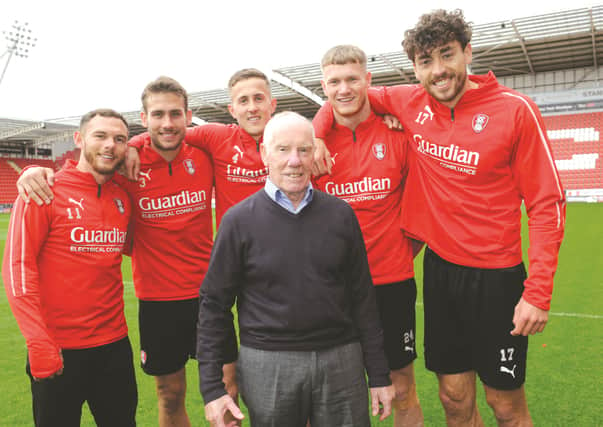 Ray Matthews with Rotherham United players (from left to right), Jon Taylor, Joe Mattcok, Will Vaulks, Michael Smith and Matt Crooks who are supporting the Rotherham 10K