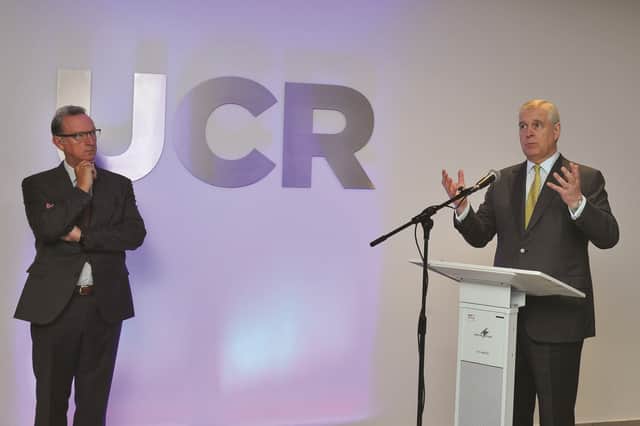 HRH Prince Andrew, Duke of York, KG, recently visited Rotherham to officially open the University Centre Rotherham (UCR) building, with Stephen Smith, vice-chair of the RNN Group Corporation, looking on. 190861-11