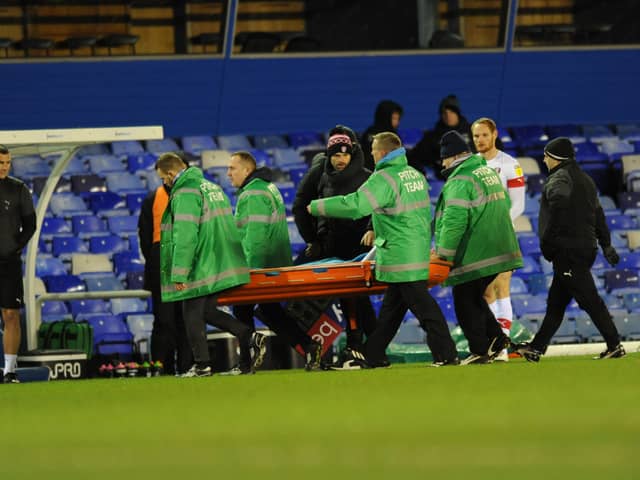 A stretcher for Dan Barlaser at Coventry. Picture by Trevor Price