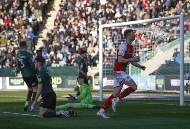 Michael Smith scores at Plymouth. Picture by Jim Brailsford