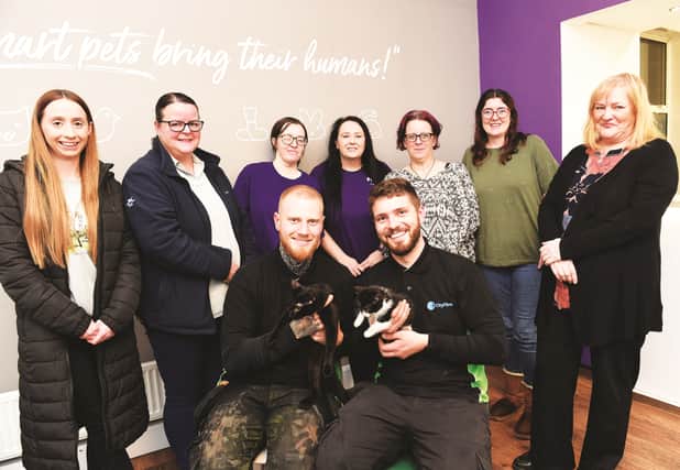 George Lindley (left) and Josh Blackwood with the rescued cat and kitten. Also pictured ( from left to right) is, Josh's partner, Steph along with Buttons team members, Tracey Brown, foster carer, Donna Musyka, Co-ordinator, Natasha Ryan, founder, Elizabeth Evans, admin assistant, Lauren Dorling, fosterer and Bev Sadler, fundraising leader. 230018-3
