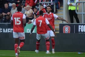 Andre Green scores for Rotherham United against Sheffield United at AESSEAL New York Stadium. Picture: Kerrie Beddows