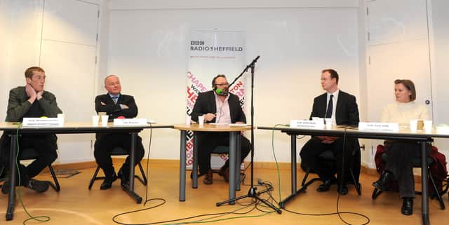 Pictured from left to right are: Craven District Council's Richard Foster, Keighley MP John Grogan, debate host Toby Foster, RMBC leader Chris Read and Sheffield City Council leader Julie Dore