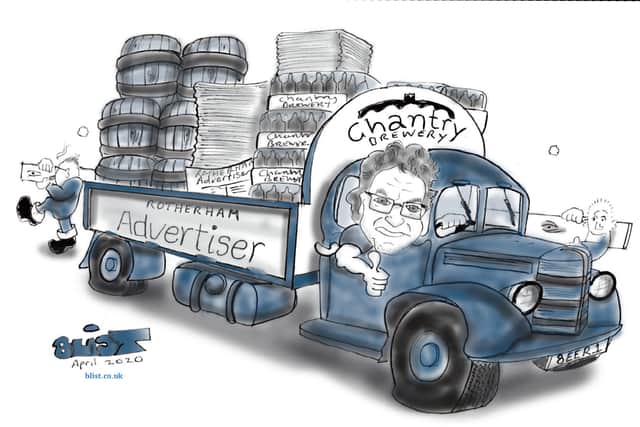 Advertiser cartoonist Blist’s take on Chantry’s Mick Warburton delivering beer and newspapers