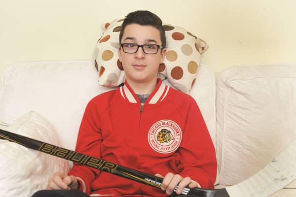 Nathanial Bradford (15), who had to wait two hours on the ice for an ambulance. Nathanial collided with with boards round the ice rink at Ice Sheffield, where he was playing ice hockey and blacked out. 170156-3