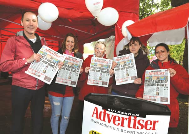 Rotherham Advertiser editor Andrew Mosley (left) at the Advertiser stand at Rotherham Show with staff (from left to right): Rachel Tiplady, Judy McHale, Kim Ollivent and Amy Jackson. 171531-11