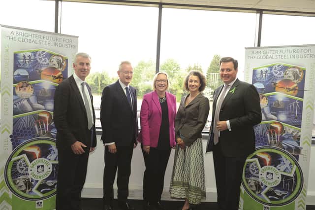 (left to right) Prof. Julian Allwood, University of Cambridge; Niall MacKenzie, Dept. Business and Energy; Gill Furniss MP, Shadow Steel Minister; Sarah Champion MP, site MP and Jay Hambro, CIO, GFG Alliance.