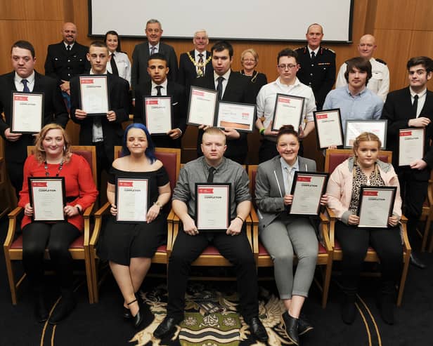 Members of the Prince’s Trust with their certificates at a recent graduation ceremony at Rotherham Town Hall attended by the Mayor and Mayoress of Rotherham, Cllr Alan and Mrs Sandra Buckley, Andrew Coombe, Lord Lieutenant of South Yorkshire and leaders of the Prince’s Trust team.  Ebony Willis is front row second from right and Jack Jones is pictured middle row first left.