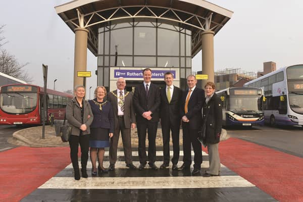 At the newly refurbished Rotherham Interchange are, from left to right: Rotherham council's cabinet member for jobs and the economy Cllr Denise Lelliott, the Mayor and Mayoress of Rotherham Cllr Alan and Mrs Sandra Buckley, leader of the council Chris Read, Sheffield City Region Mayor Dan Jarvis, SYPTE executive director Stephen Edwards and Boston Castle ward councillor Rose McNeely. 190298-1