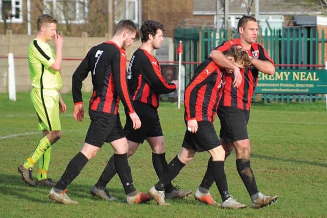 Maltby players celebrate Cameron Rigby's goal against Thackley last Saturday. Pictures by STEVE METTAM.