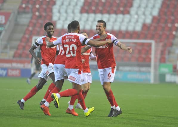 Richard Wood puts Rotherham in front. Pictures by Kerrie Beddows