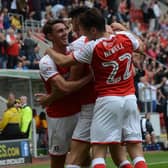 Celebration time...after Kieffer Moore bags his second goal in the rout of Southend.