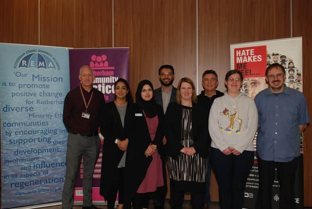 Cllr Emma Hoddinott, Chair of the Safer Rotherham Partnership, PC Chris Nicholson, Hate Crime Officer, and representatives of REMA and Speakup are pictured marking the launch of the new support arrangements.