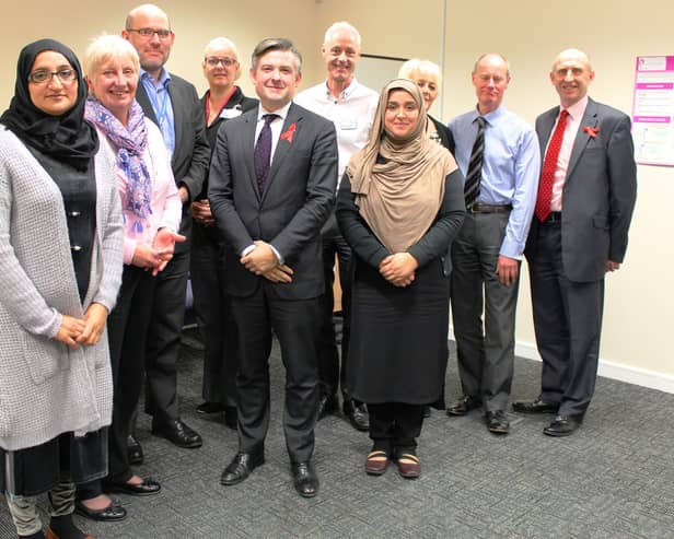 Pictured (left to right) are: Nasreen Aziz (YAWR Services), Janet Wheatley (VAR), Dr Richard Cullen, Ruth Nutbrown (Rotherham CCG), Jon Ashworth MP, Barry Knowles (VAR), Saiqa Afzal (YAWR Services), Diane Hammond (VAR), Simon Pugh (The Learning Community) and John Healey MP.
