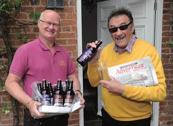 Paul Chuckle who is getting behind the Advertiser's, #restartingrotherham campaign who was presented with a batch of Chantry Beers by Chantry delivery manager, Paul Collinson, who are also supporting the campaign. 200583-1