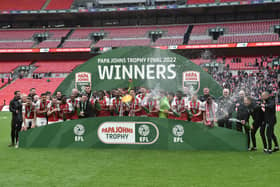 Rotherham United celebrate winning the EFL Trophy. Picture by DAVE POUCHER