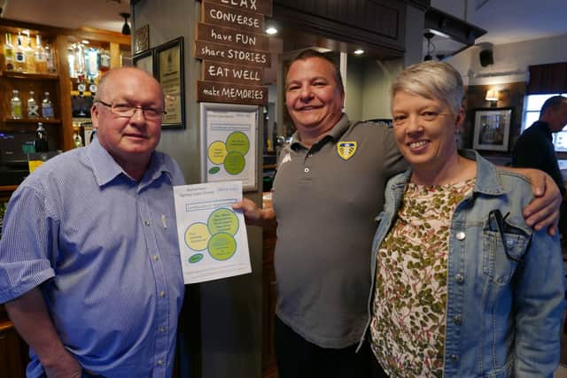 L-R: John Hyslop, Maples Cancer Care fundraiser; Les Hince, Three Horseshoes manager; Tracy Hyslop, beer festival organiser.