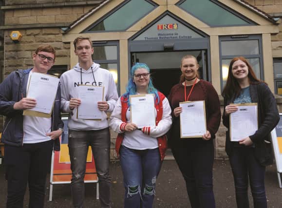 Thomas Rotherham College students (from left to right), Ryan Schofield, Travis Chapple, Eleanor Newsome, Nicole Parkins and Kate Hennessey with their results.