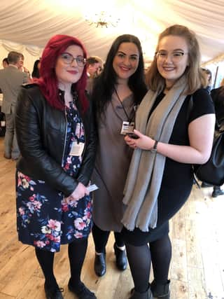University Centre Rotherham students Emily Smith (left) and Megan Bentley (right) with hair and media make-up curriculum team Leader Katie Asgari (centre).