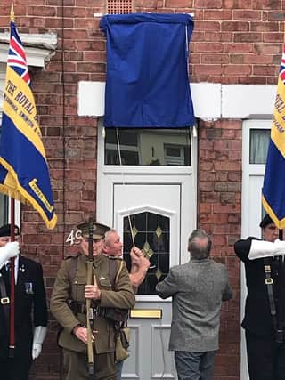 Sapper Hackett's great-grandson Simon Warren (left) performs the unveiling with Tommy Joyce MBE. Picture by Ian Thompson.