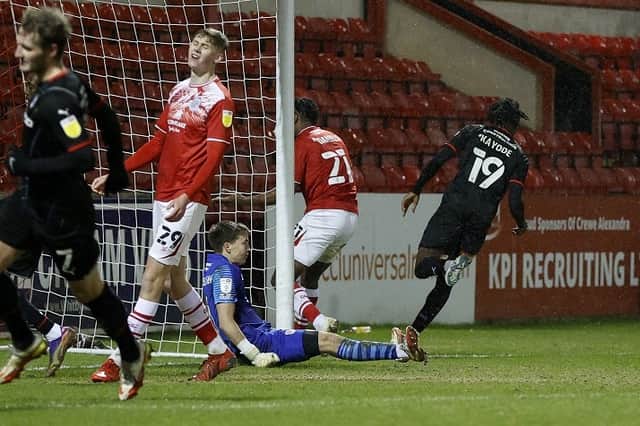 Josh Kayode scores at Crewe Alexandra. Picture by Jim Brailsford