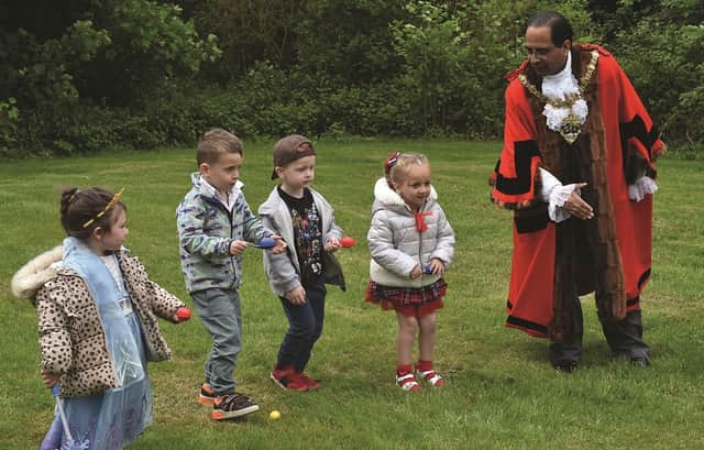 Limetree Nursery at North Anston staged it's Jubilee celebrations last Friday with a special guest, The Mayor of Rotherham, Cllr Tajamal Khan, dropping by to join in the fun. Go! the Mayor starts the egg and spoon race.