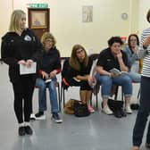Hard at work in rehearsal (from left to right) are: Rebecca Noble, Anita Wilshaw, Jude Gray, Karen Powell, Fiona Broadhead, Heather Brooke and Elaine Demaine.
