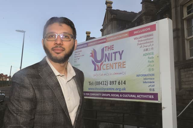 General manager at the Unity Centre in Rotherham, Azizzum Akhtar, is seen outside the centre celebrating getting a grant for over £42k to help with improvements. 170054-4