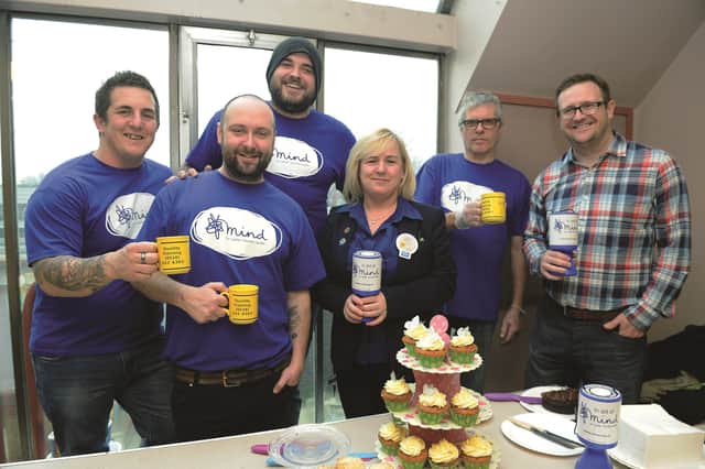 Seen with their coffee and cakes (left to right) are: David Scott, Jamie Woodcock, Chris Waddington, Suzanne Nettleton, Tesco Community, sponsor; Malcolm Cheetham and Alex Brearly, Brearley and Co Accountants, sponsors. 183904