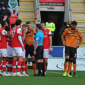 Adam Thompson is sent off. Pictures by Steve Mettam