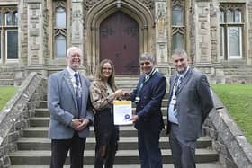 Left to right: Dr Stephen Burns, president of the Sitwell Rotary Club, Caitlin Cooper, Dr Gurnam Basran, and Joel Wirth, head of college