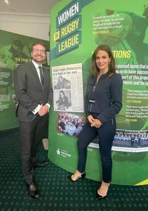 Alexander Stafford, MP for Rother Valley, with former Rugby League Lioness Rebecca Stevens  at the Life with the Lionesses exhibition.