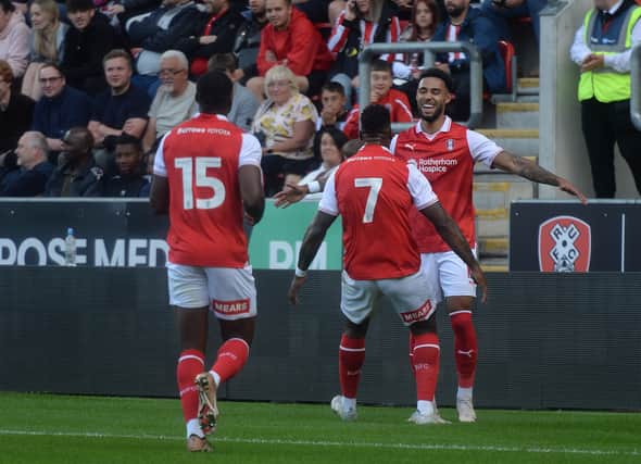 Andre Green scores for Rotherham United against Sheffield United during his trial. Picture: Kerrie Beddows