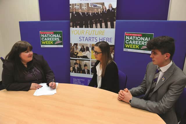Wales High School held a career and guidance professional interview evening last Thursday for all Year 12 students. The event run in conjunction with National Careers Week was to allow students to get the feel for what is expected when put in a real time situation. Pictured is head of career's and guidance, Sam Brown, with students Daniel Coulter and Ellie MacPherson. Representatives from all the armed forces, local businesses and the Police also took part on the night. 170443-3