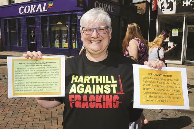 Harthill resident Deborah Gibson with her quotes as to why she is against Fracking in her village. 170899